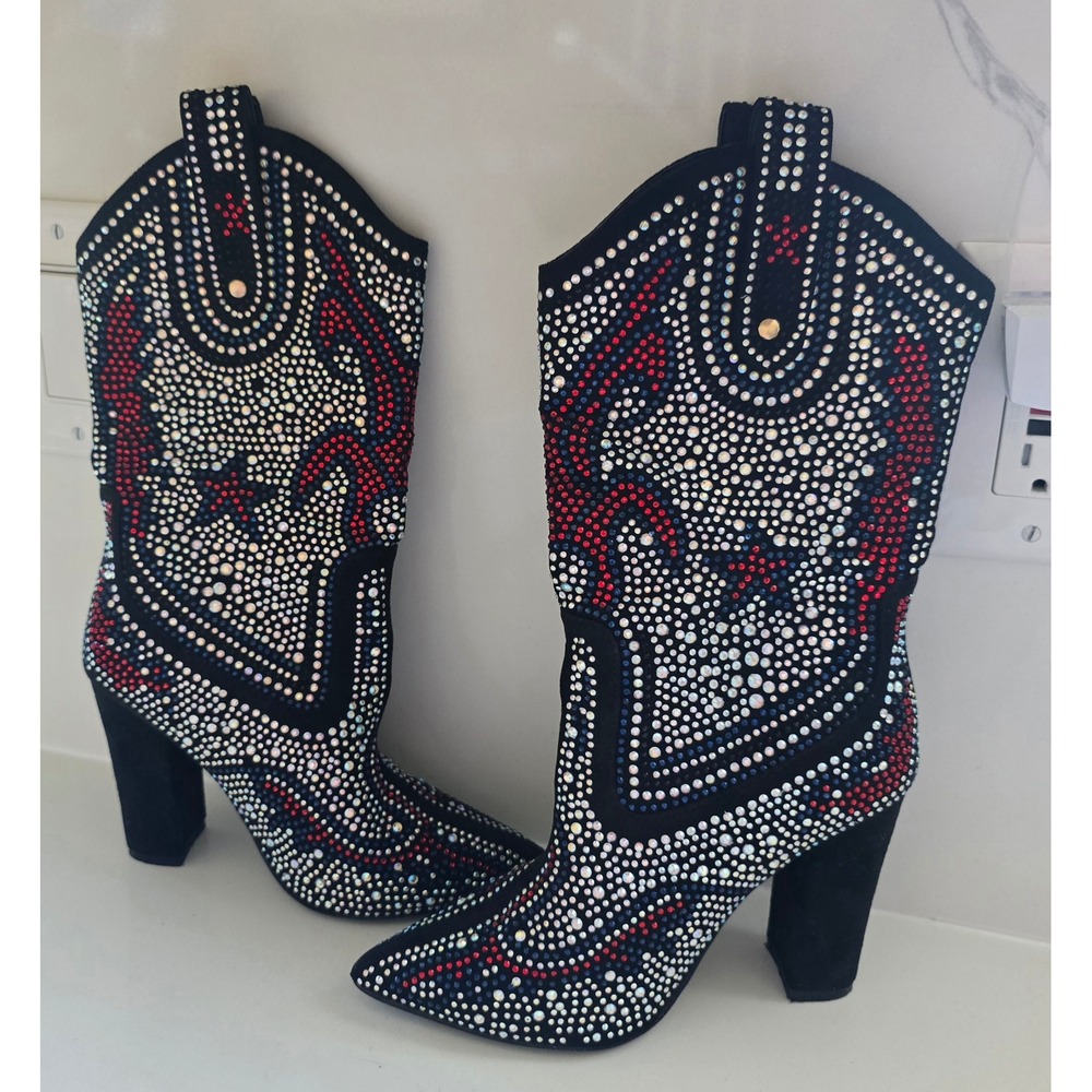 Womens Rhinestone Western Cowboy Boots Black Star Studded Block‎ Heel Size 6.5